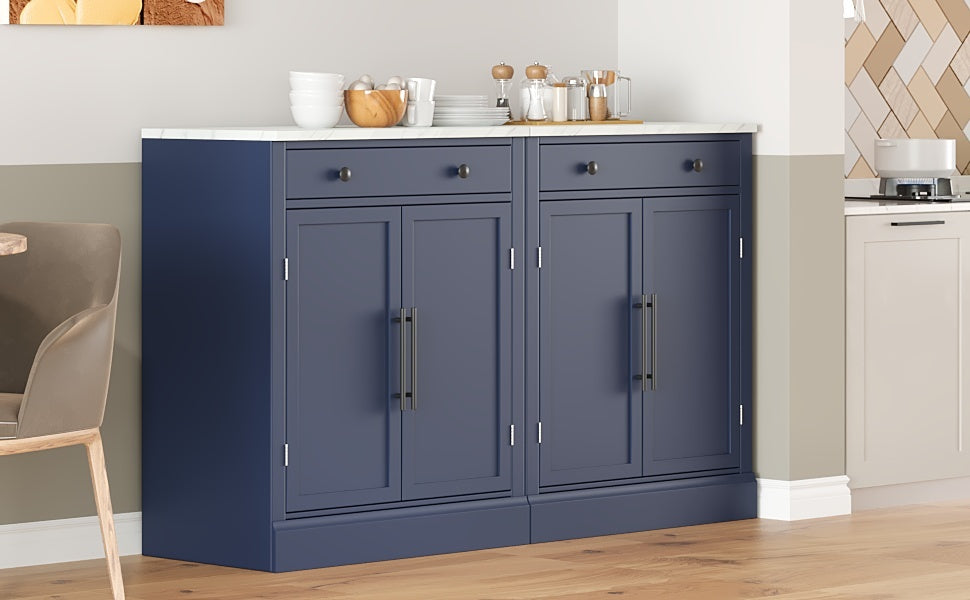 [Assembly Video Provided] TOPMAX Modern Freestanding Kitchen Pantry,Buffet Food Storage, Coffee Bar Cabinet with Drawer, 2 Adjustable Shelves and 2 Door Shelves for Dining, Kitchen, Set of 2, Blue