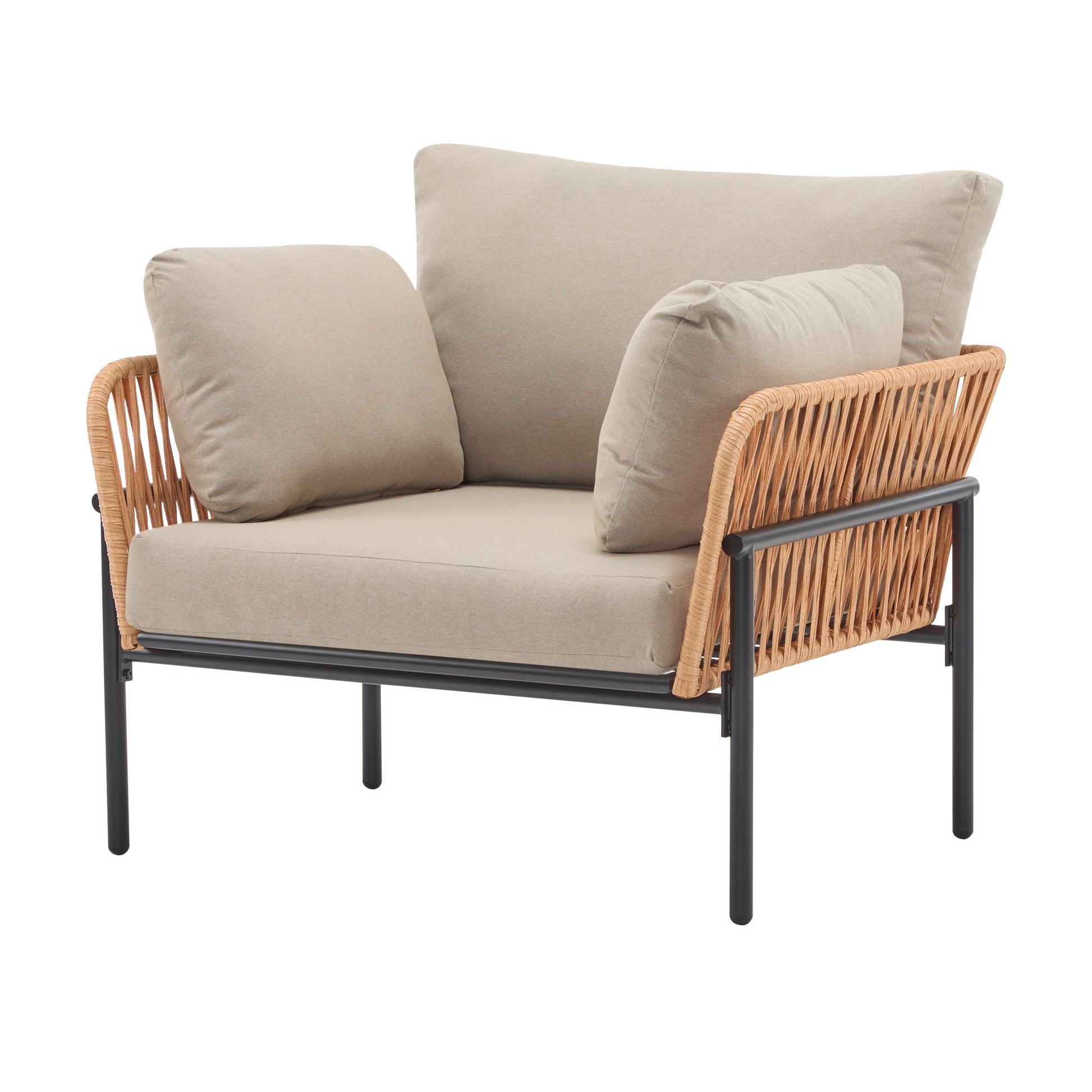 Outdoor Living: Beige and Light Wood-Tone Rope Iron Lounge Chair with Cushions for Natural and Modern Spaces by Streamdale Furniture