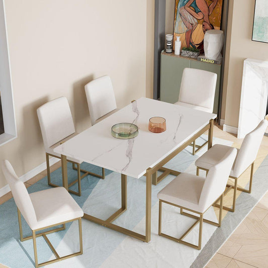 Smart Home Device: TOPMAX Modern Dining Table Set for 6 Faux Marble Kitchen Table Set with 6 Upholstered Dining Chairs, 7-Piece, White+Golden by Streamdale Furniture