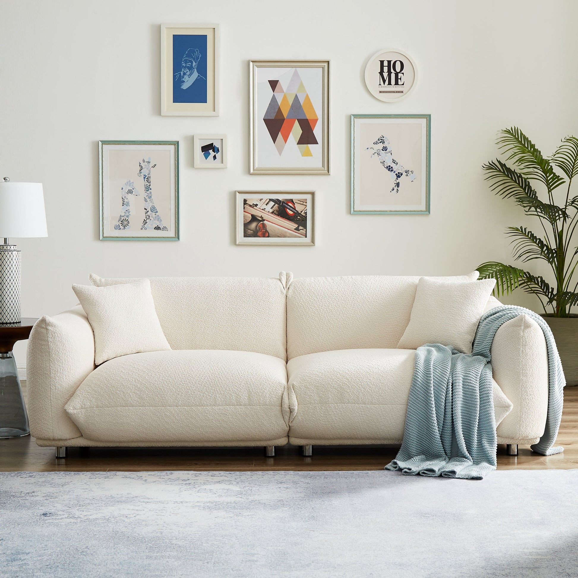 Bedroom Bedding & Decor: Oversized Loveseat Sofa for Living Room, Sherpa Sofa with Metal Legs, 3 Seater Sofa, Solid Wood Frame Couch with 2 Pillows, for Apartment Office Living Room - White by Streamdale Furniture