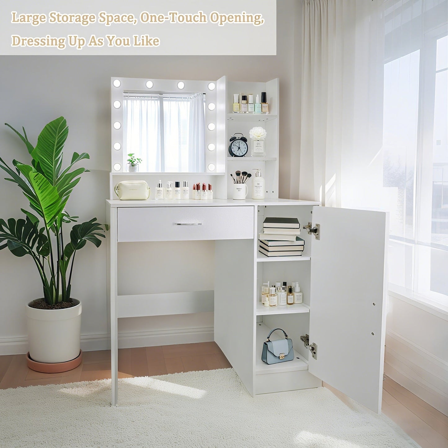 Vanity Desk with Mirror and Adjustable LED Lights, 3 Lighting Modes, Drawer and Storage Cabinet, White MDF