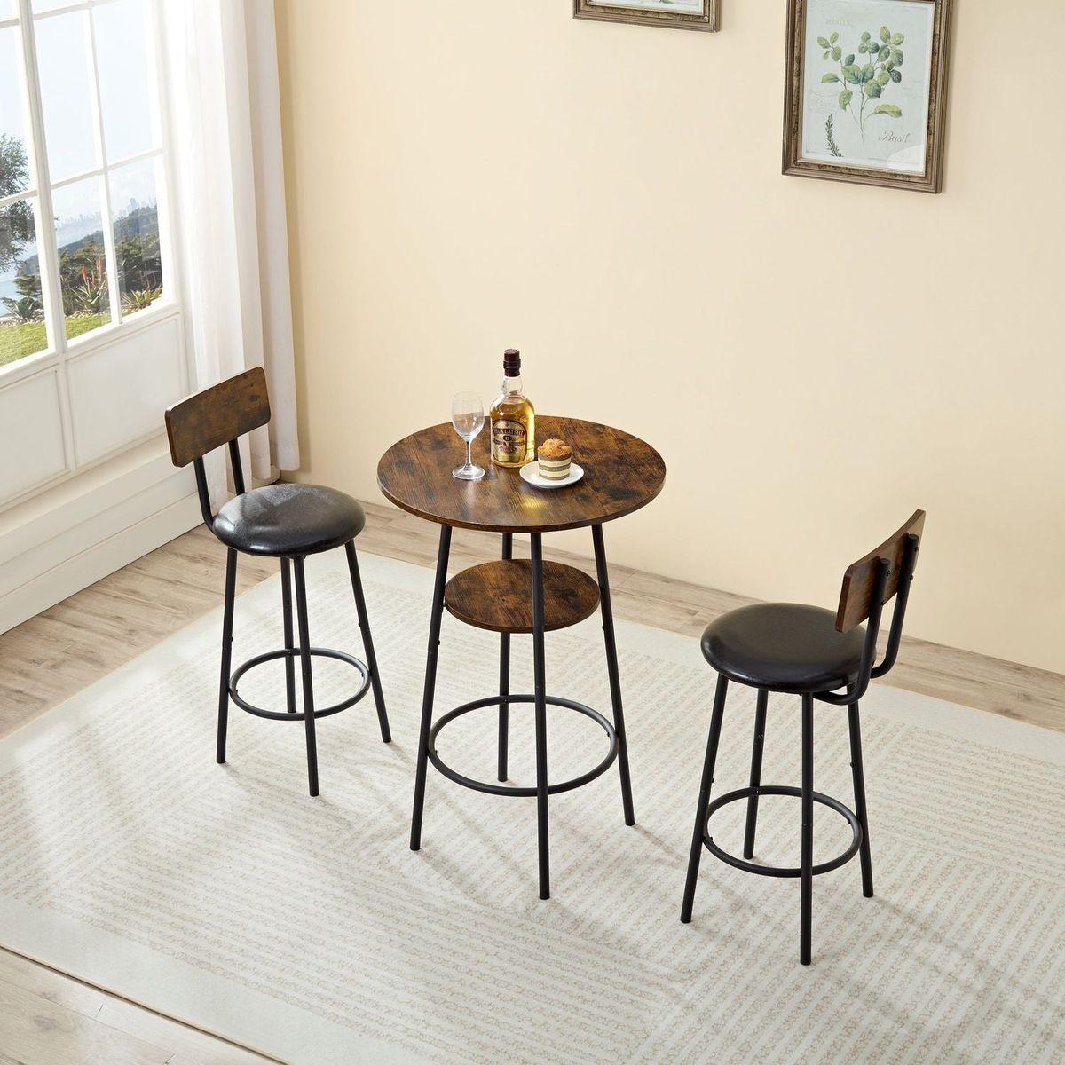 Dining & Tableware: Three-piece round dining table, two-level small dining table with storage, bar table, two upholstered bar chairs with backrest, suitable for restaurants, cafes, bars. by Streamdale Furniture