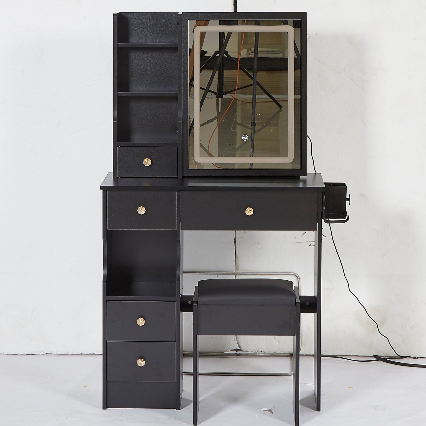 29.2' Small Size Left Drawer Desktop Vanity Table + Cushioned Stool, 2 AC+2 USB Power Station, Hair dryer bracket, Extra Large Touch Control Sliding LED Mirror, Tri-color Switching, Brightness Adjust