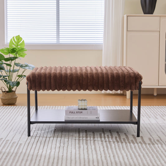 Upholstered Ottoman Coffee Table Foot Rest with Black Metal Legs and Wooden Storage, Faux Fur, Brown