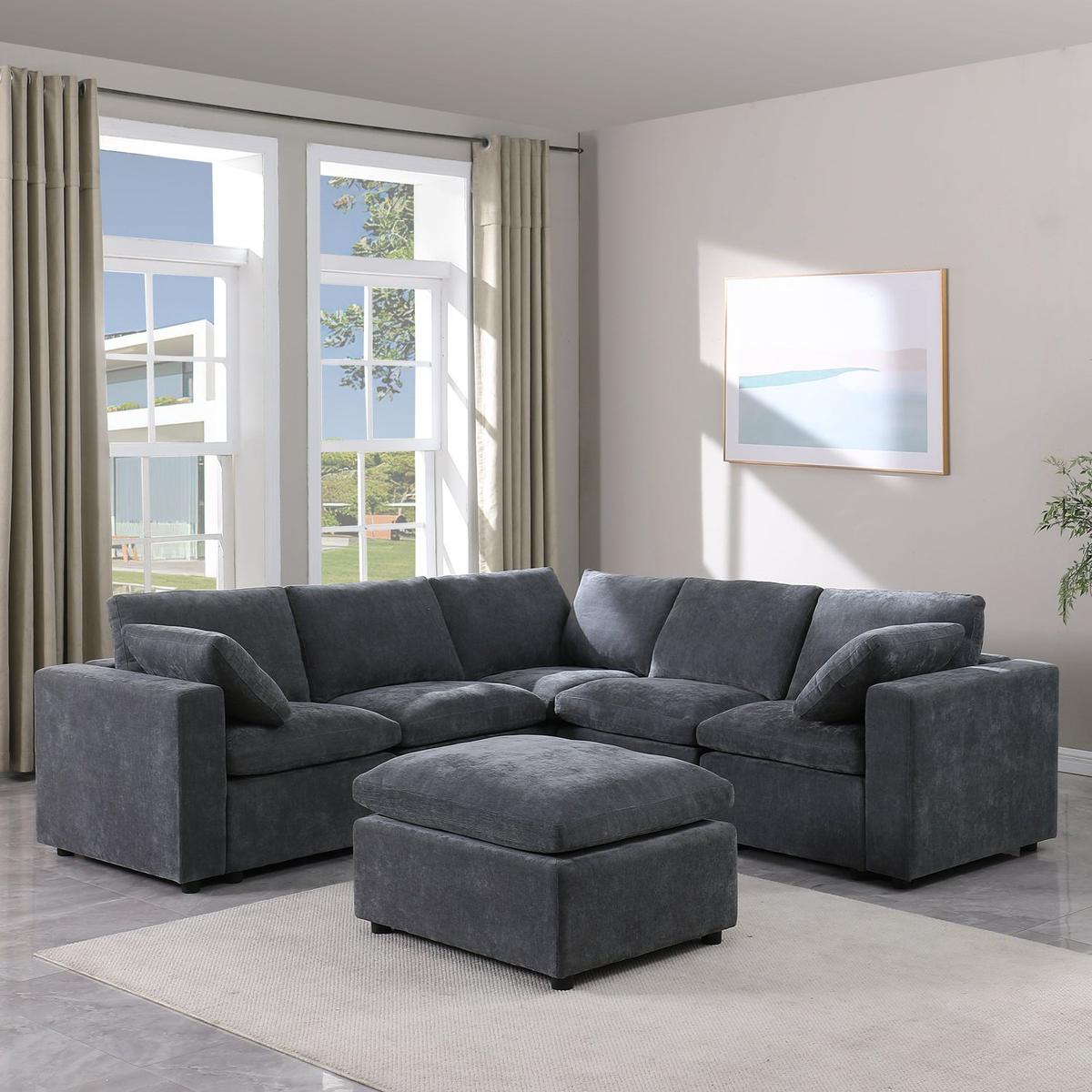 Living Room Decor: Modular Sectional Sofa, Convertible L Shaped Sofa Couch, Modular Sectionals with Ottomans, 6 Seat Sofa Couch with Reversible Chaise for Living Room. Chenille Grey by Streamdale Furniture
