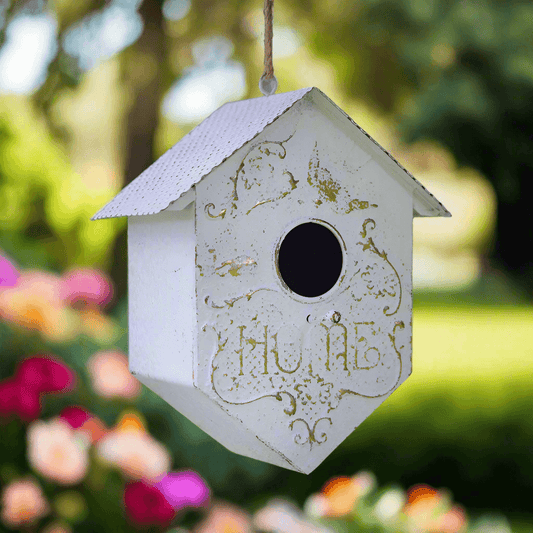 Garden & Outdoor: Cottagecore Garden Birdhouse with Embossed Filigree by Vintage Shopper