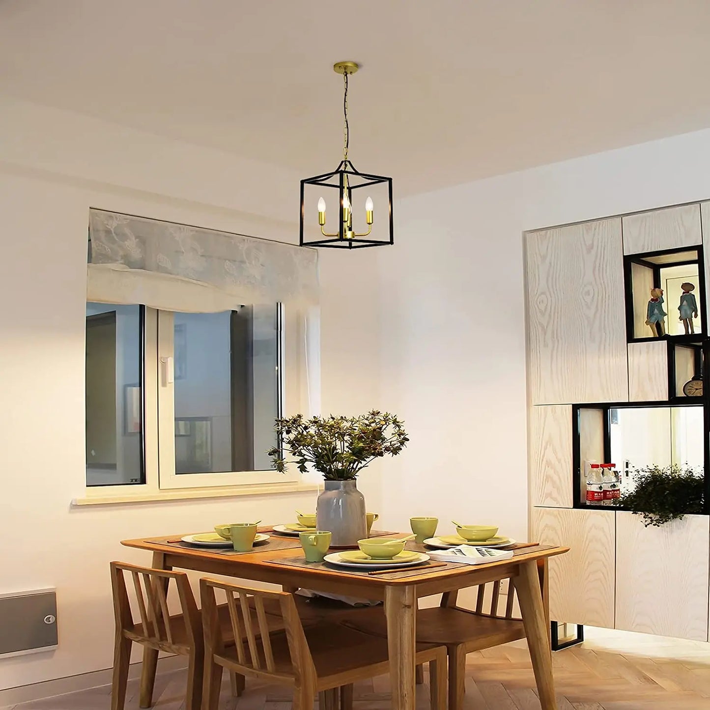 Industrial Metal Lantern Chandeliers 4-Light Adjustable Height Farmhouse Ceiling Rustic Gold Kitchen Hanging Lighting Fixture