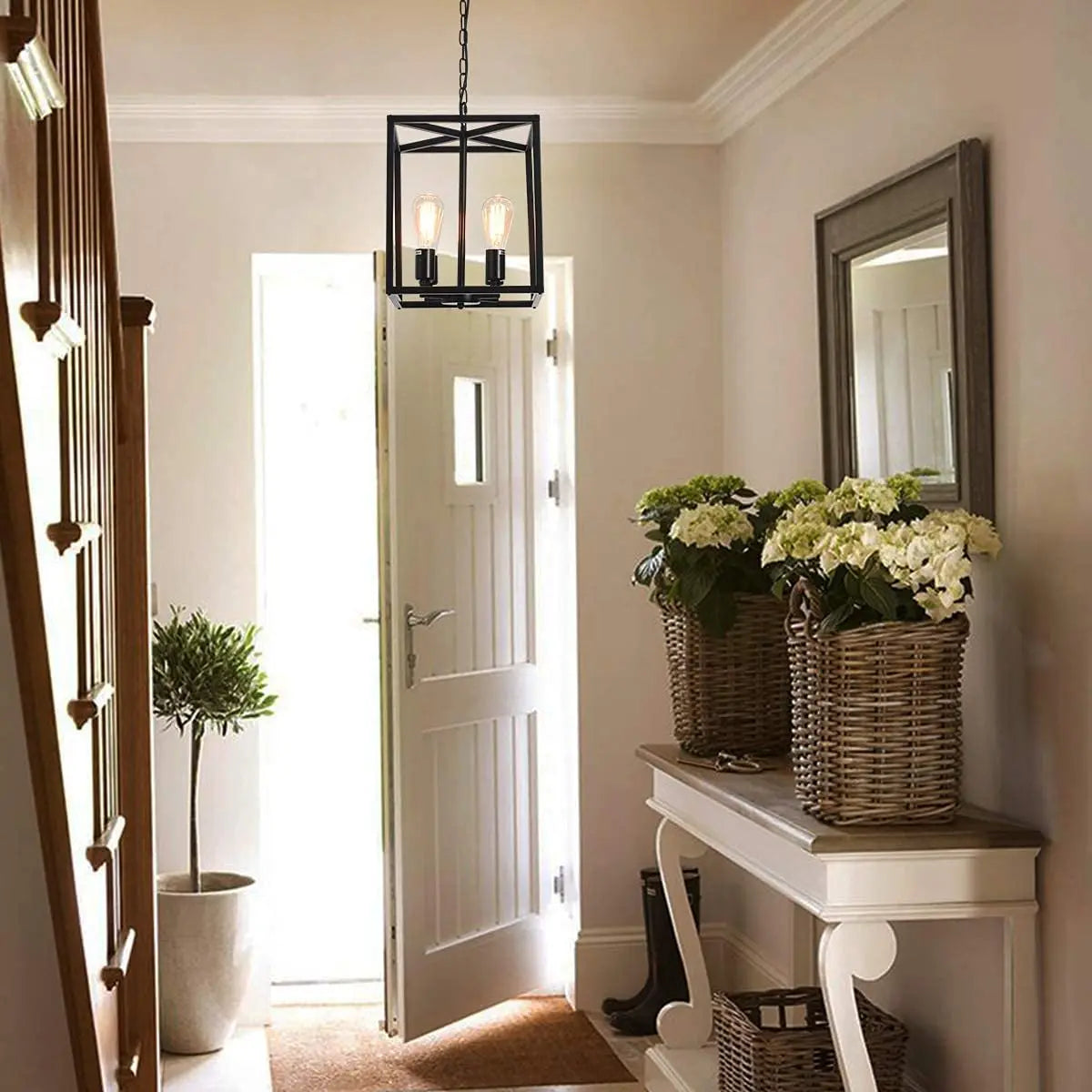 Industrial Metal Lantern Chandeliers 4-Light Adjustable Height Farmhouse Ceiling Rustic Gold Kitchen Hanging Lighting Fixture