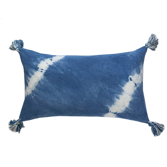 Indigo Diagonal Shibori Tassel Lumbar Pillow 12" x 20"