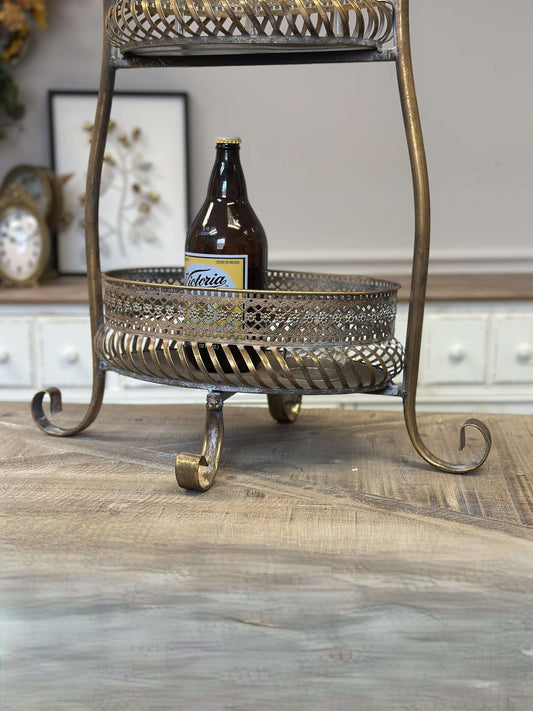 Vintage Brass 2-Tier Metal Bar Cart Stand with Ornate Detailing
