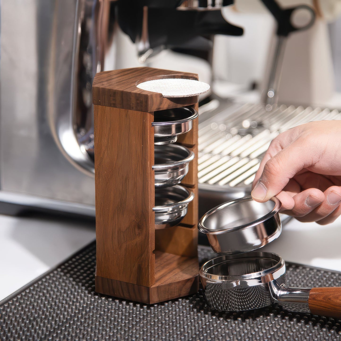 Handcrafted Wooden Portafilter Basket Storage