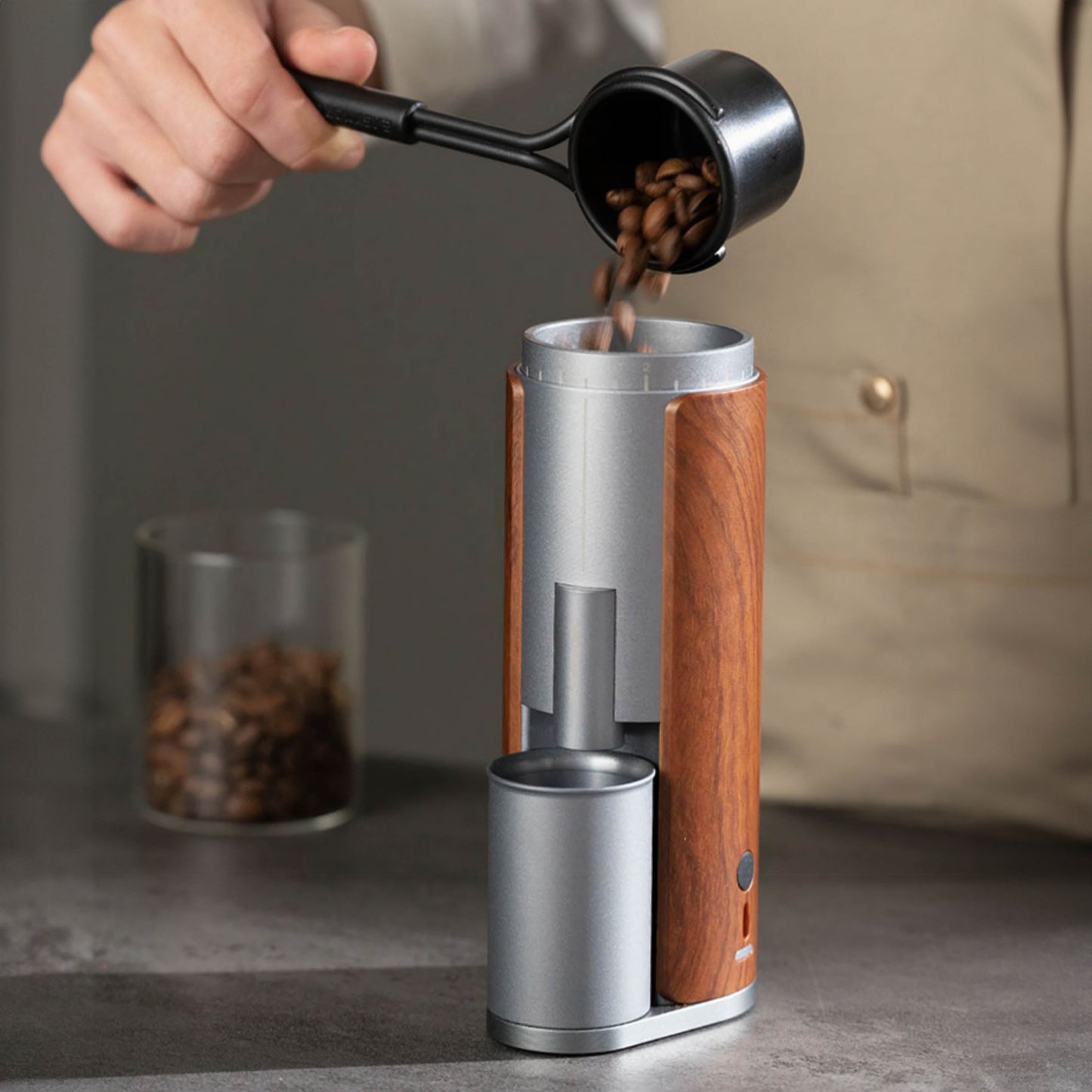 Rechargeable Coffee Grinder with Elegant Wood Cover