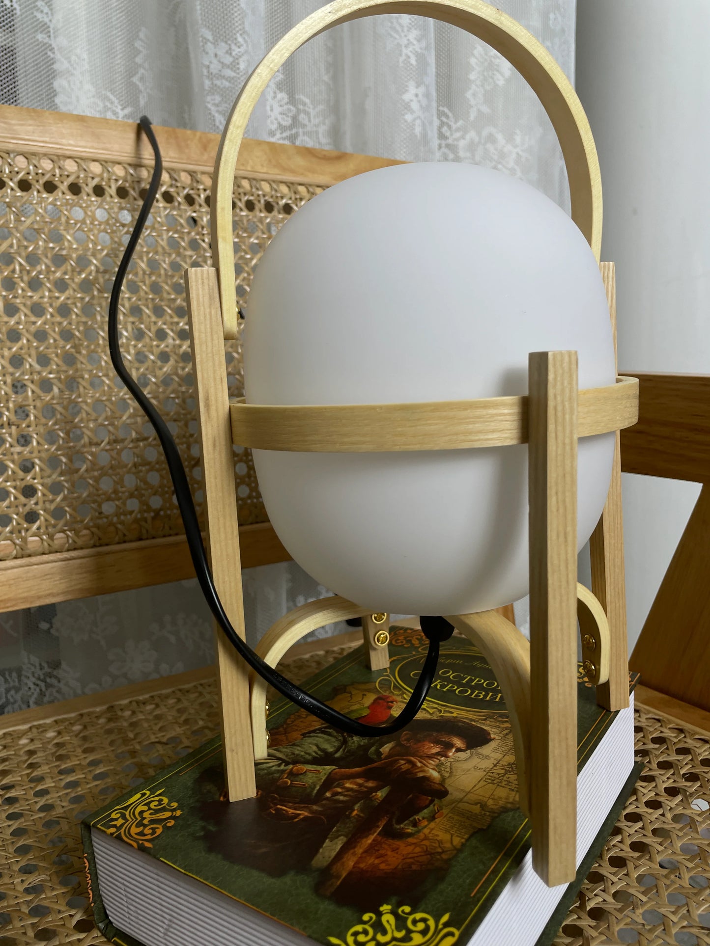 Portable Wood Lantern Glass Table Lamp