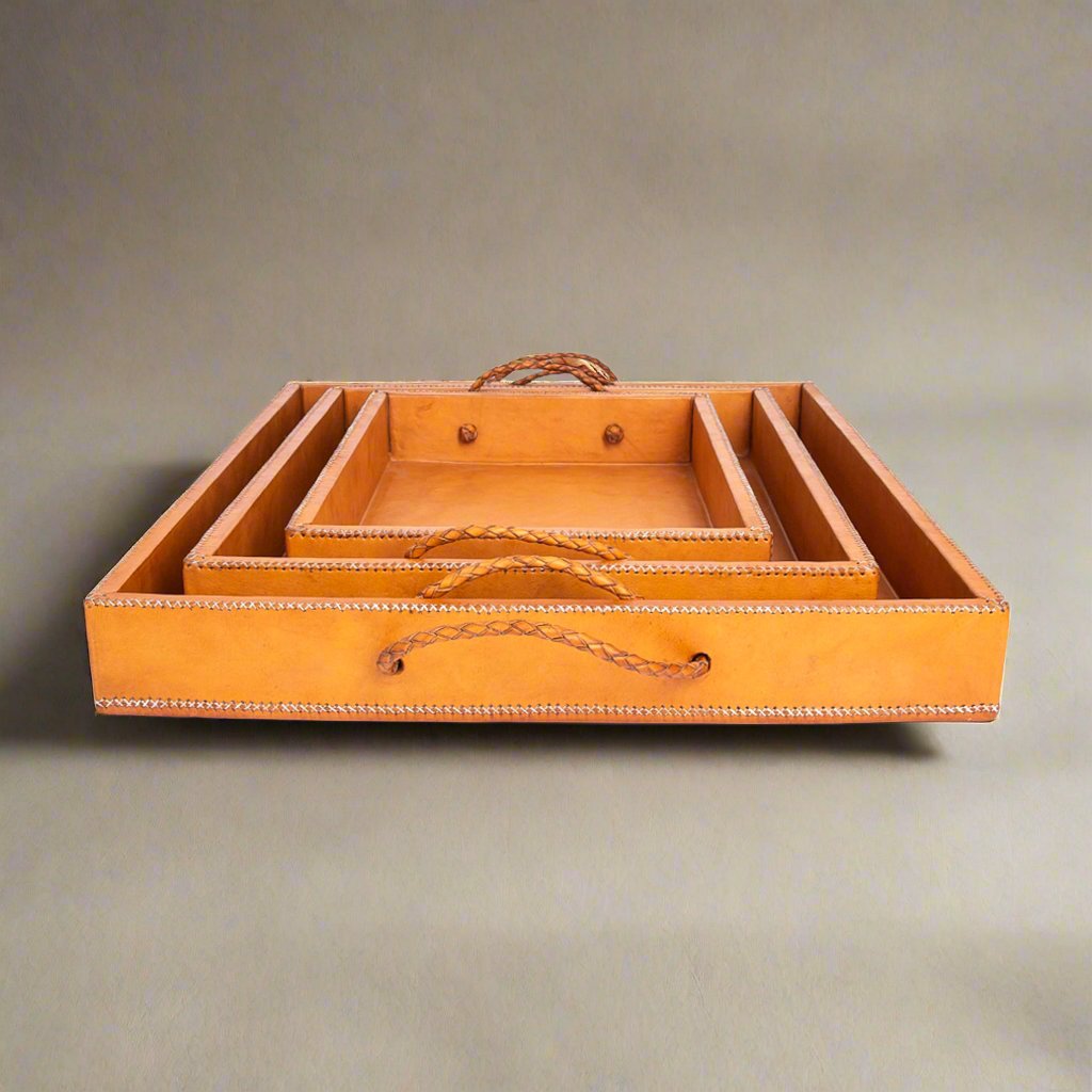 Kitchen Tools & Cookware: Rosado | Cedar Wood + Leather Ottoman Tray Set with Embroidered Handles by Bati