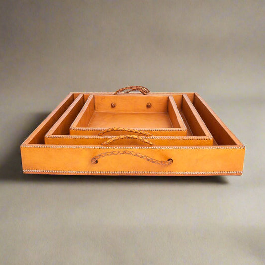 Kitchen Tools & Cookware: Rosado | Cedar Wood + Leather Ottoman Tray Set with Embroidered Handles by Bati