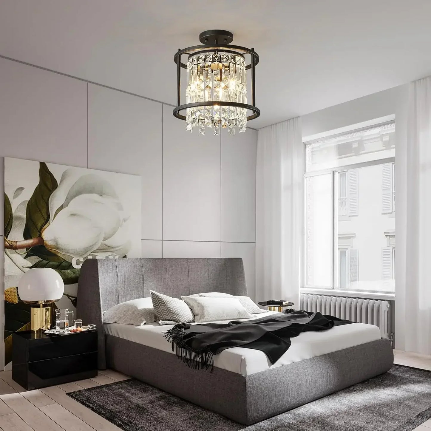 Industrial Farmhouse Chandelier - Black Metal and Crystal Pendant Ceiling Light Fixture