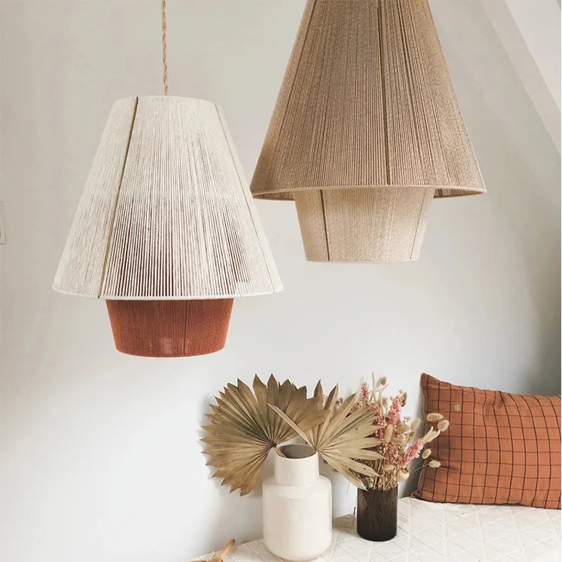 Japanese-Inspired Retro Chandelier - Woven Hemp Rope Pendant Lamp for Creative Home Decor