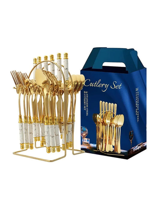 Dining & Tableware: 4/24pcs Ceramic handle cutlery set with cutlery holder stainless steel knife fork spoon set suitable for family hotel restaurant by DaAvere Home