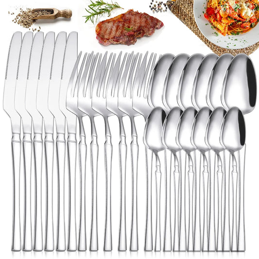 24pcs Silver Cutlery Set Stainless Steel Tableware Knife Fork Coffee Spoon Dinnerware Dishwasher Safe Dinner Cutlery