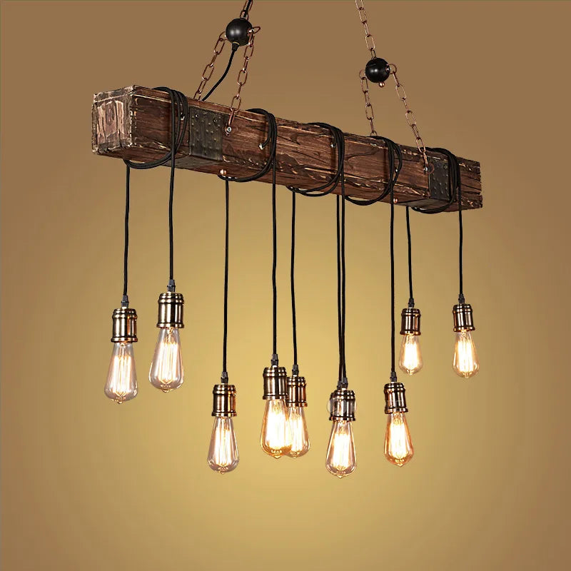 Antique Industrial Retro Wood E27 LED Ceiling Chandelier - Creative Vintage Pendant Lighting for LOFT, Bar, and More