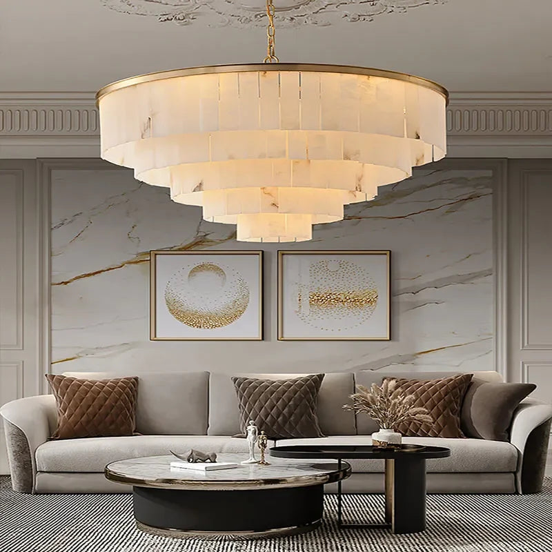 Modern Natural Marble LED Living Room Chandeliers - Elegant Lighting Fixtures for Staircases, Lofts, and Dining Rooms