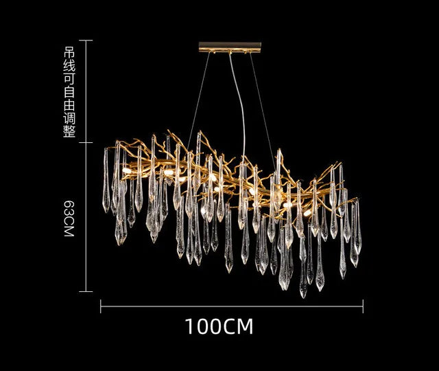 Modern Crystal Chandeliers - Luxury Living and Dining Room Lighting with Bar Design, Featuring Branch Pendant Lights and Crystal Water Drop Accents