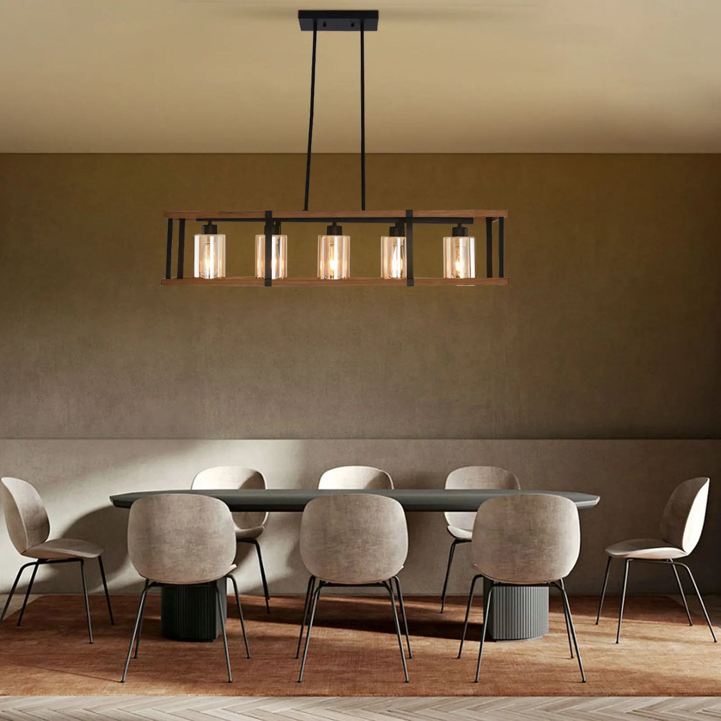 5-Light Farmhouse Chandeliers for Dining Room & Kitchen Island - Rectangle K9 Crystal Light Fixtures with Industrial Style