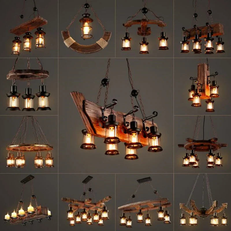 Antique Industrial Retro Wood E27 LED Ceiling Chandelier - Creative Vintage Pendant Lighting for LOFT, Bar, and More