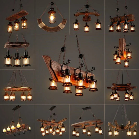 Antique Industrial Retro Wood E27 LED Ceiling Chandelier - Creative Vintage Pendant Lighting for LOFT, Bar, and More