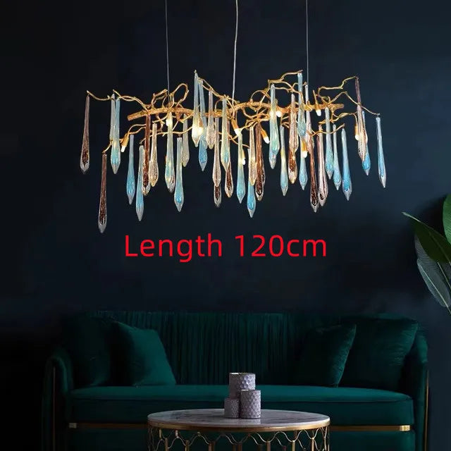 Modern Crystal Chandeliers - Luxury Living and Dining Room Lighting with Bar Design, Featuring Branch Pendant Lights and Crystal Water Drop Accents