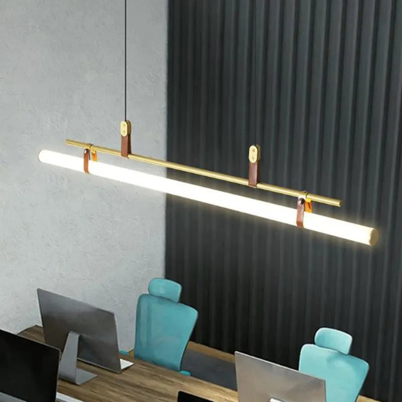 Eden Chandelier - Modern Long Tube Pendant Lamp in Black and Gold with Leather Accents for Kitchen, Dining Room, Office, and Cafe