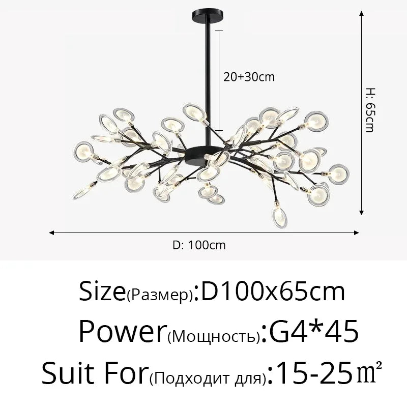 Modern Firefly LED Chandelier - Black and Gold Ceiling Pendant Lamp for Living Room, Bedroom, Hall, and Minimalist Home Decor Indoor Lighting