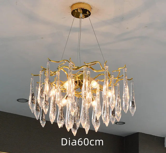 Modern Crystal Chandeliers - Luxury Living and Dining Room Lighting with Bar Design, Featuring Branch Pendant Lights and Crystal Water Drop Accents