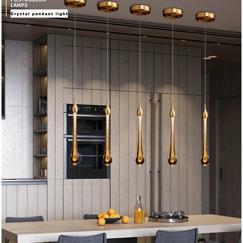 Lamp LED Chandelier - Modern Raindrop Crystal Pendant Light Fixtures in Gold for Kitchen Islands and Foyers