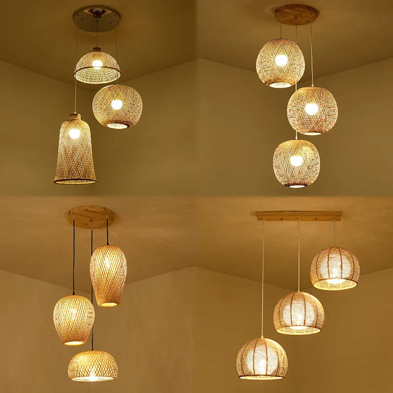Set of 3 Modern Hand-Knitted Bamboo Rattan Pendant Lights - Weaving Elegance for Your Home