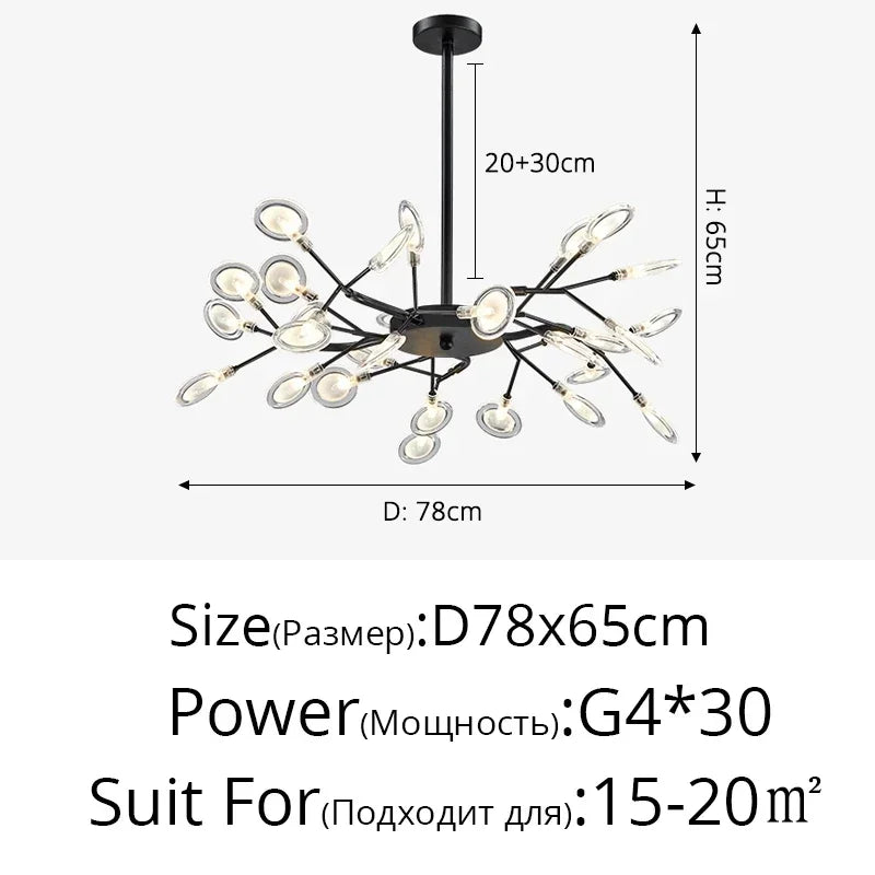 Modern Firefly LED Chandelier - Black and Gold Ceiling Pendant Lamp for Living Room, Bedroom, Hall, and Minimalist Home Decor Indoor Lighting