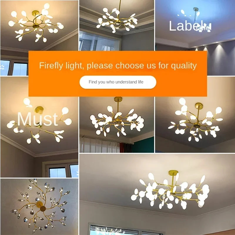 Modern Firefly LED Chandelier - Black and Gold Ceiling Pendant Lamp for Living Room, Bedroom, Hall, and Minimalist Home Decor Indoor Lighting