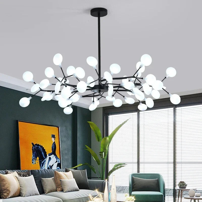 Modern Firefly LED Chandelier - Black and Gold Ceiling Pendant Lamp for Living Room, Bedroom, Hall, and Minimalist Home Decor Indoor Lighting