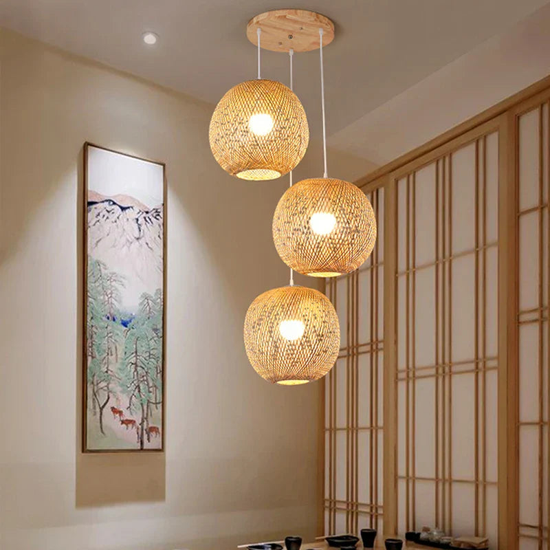 Set of 3 Modern Hand-Knitted Bamboo Rattan Pendant Lights - Weaving Elegance for Your Home