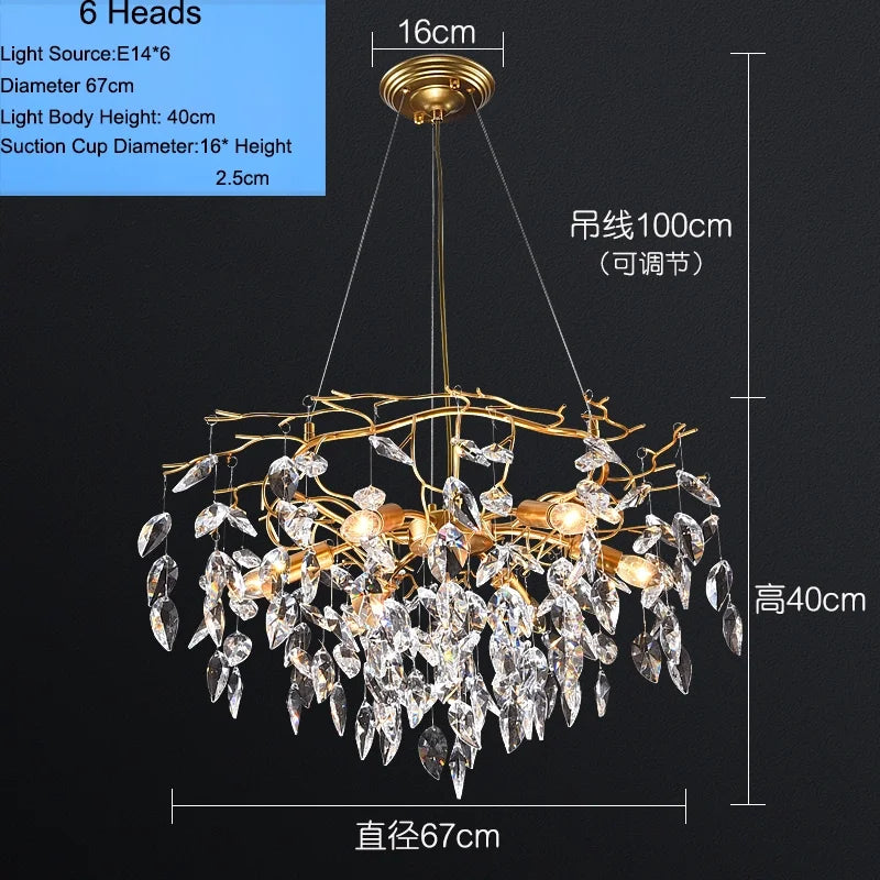 Elegant Long Gold K9 Crystal Chandelier - Ideal for Kitchen, Dining Room, Bedroom, and Living Room Ceiling Lighting, Featuring Branch-Style Chandeliers