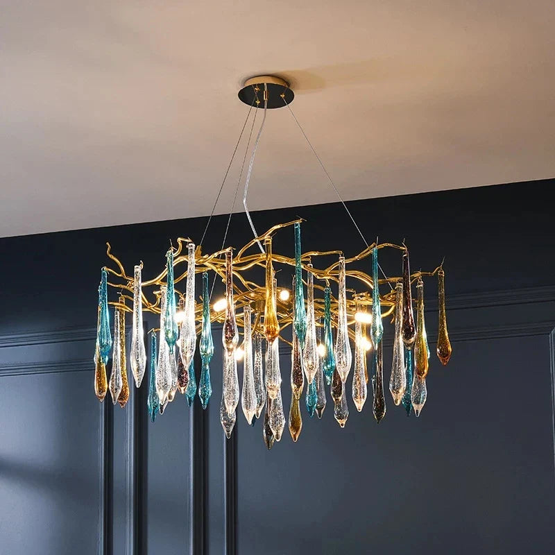 Modern Crystal Chandeliers - Luxury Living and Dining Room Lighting with Bar Design, Featuring Branch Pendant Lights and Crystal Water Drop Accents