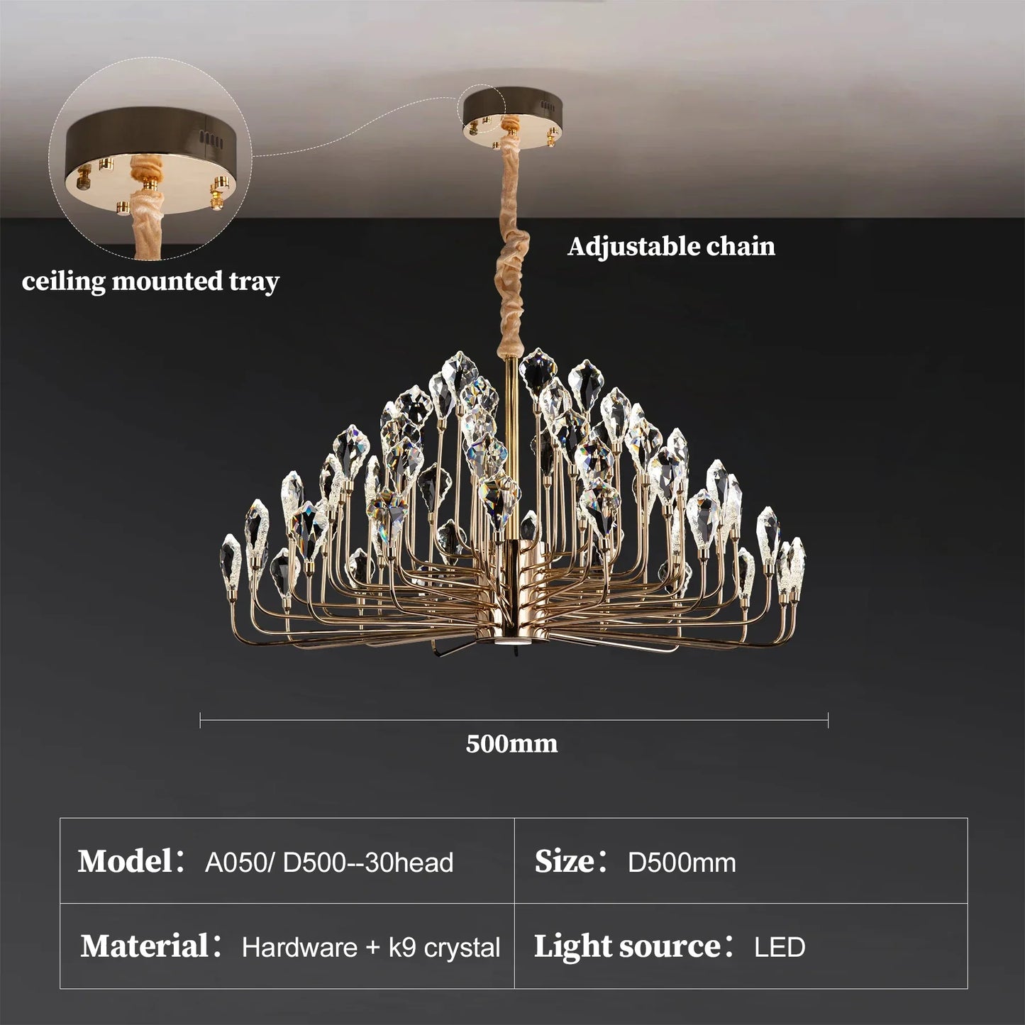 Serena Gold Crystal LED Chandelier – Modern Pendant Light for Dining & Living Room