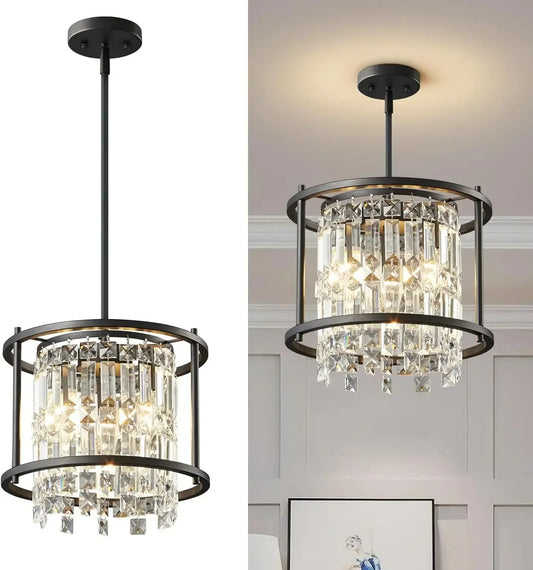 Industrial Farmhouse Chandelier - Black Metal and Crystal Pendant Ceiling Light Fixture