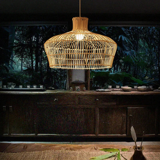 Chinoiserie Rattan Pendant Light - Vintage Double-Layer Design for Kitchen, Dining, and Hotel Decor