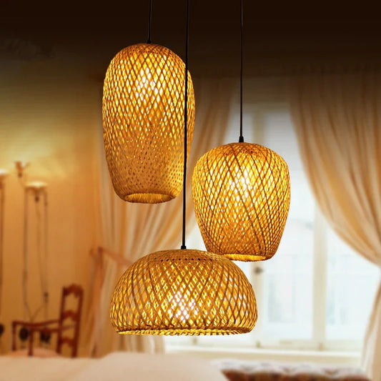Bamboo Lampshade LED Pendant Lamp - Natural Rattan Wicker Ceiling Chandeliers with Hand-Woven E27 Lighting Fixtures