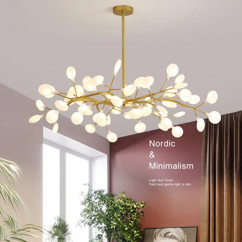 Modern Firefly LED Chandelier - Black and Gold Ceiling Pendant Lamp for Living Room, Bedroom, Hall, and Minimalist Home Decor Indoor Lighting