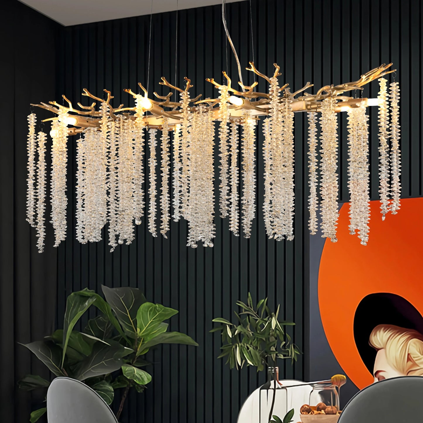 39.4inch Modern Golden Chandelier with Cascading Crystal String, Perfect for Living Room, Dining Room and Foyer, High-End Decorative Lamps (Bulb Not Included)