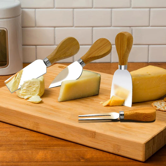 Dining & Tableware: 4 Cheese Knives Set Cheese Cutlery Steel Stainless Cheese Slicer Cutter Wood Handle Mini Knife Butter Knife Spatula Fork by DaAvere Home