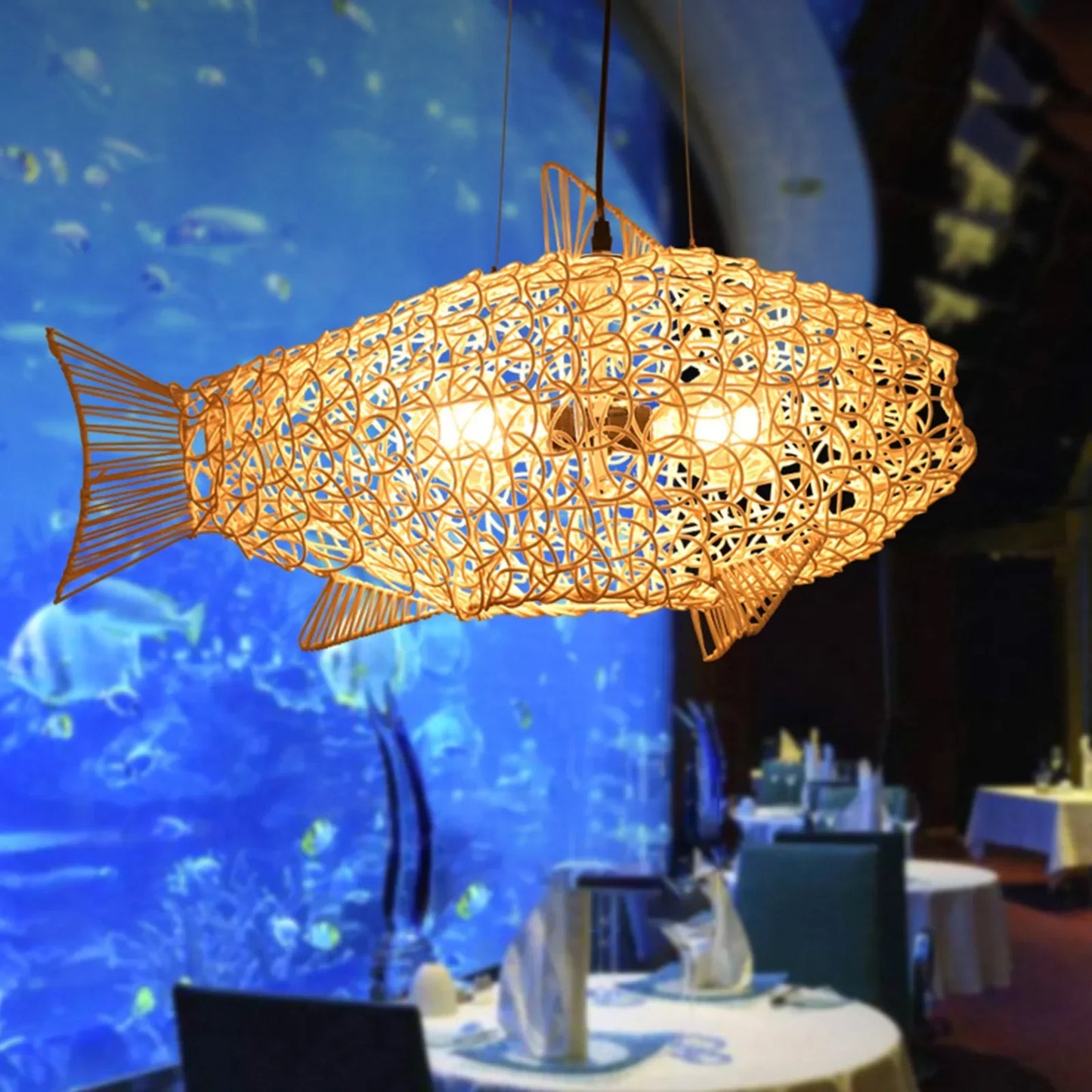 Hand-Woven Rattan Fish-Shaped Pendant Light - Artful Decorative Lighting for Home and Restaurant