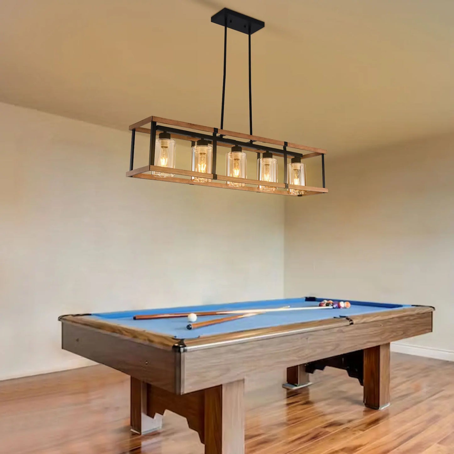 5-Light Farmhouse Chandeliers for Dining Room & Kitchen Island - Rectangle K9 Crystal Light Fixtures with Industrial Style